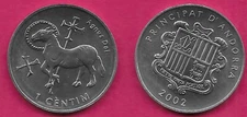 ANDORRA 1 CENTIM 2002 UNC 1 YEAR TYPE,AGNUS DEI LAMB OF GOD WITH AN AUREOLA AND
