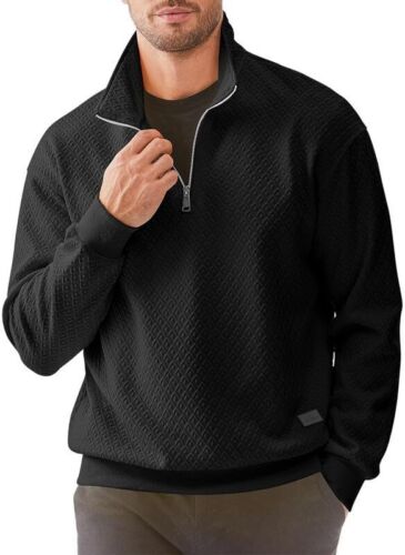 Men's Quarter Zip Sweatshirts Casual Mock Neck Pullover Long Sleeve Solid Geomet