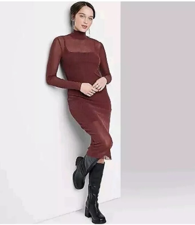 Women's Long Sleeve Lurex Mesh Midi Dress - Wild Fable Burgundy L | eBay