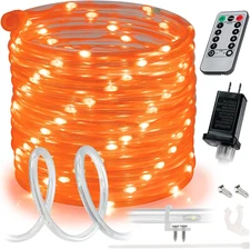 50Ft Orange LED Rope Light - 8 Modes, Waterproof Outdoor Accent Lighting with Re