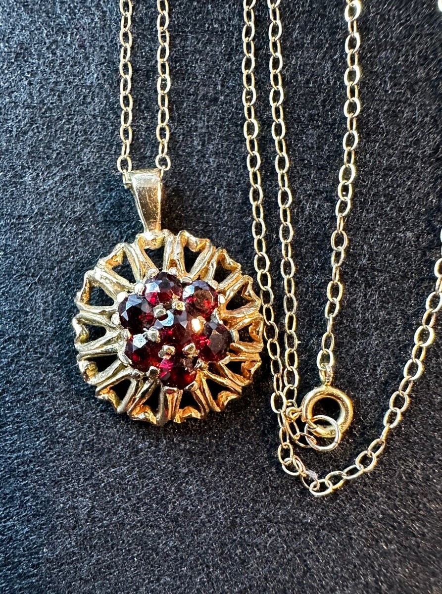 SUN of HEARTS: Hallmark 9K Gold Garnet Cluster Pendant 2Cm 41Cm Chain, 