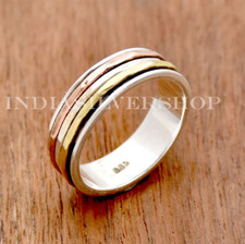 Solid 925 Sterling Silver Spinner Ring 3 Tone Spinning Narrow Band Hammered Ring