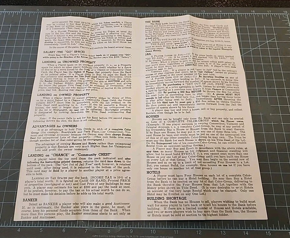 Monopoly Game Rules Instructions Vtg 1936 Parker Brothers (No Game