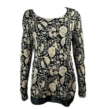 Lucky Brand Top Womens M Medium Black Tan Floral Long Sleeve Sheer Detail
