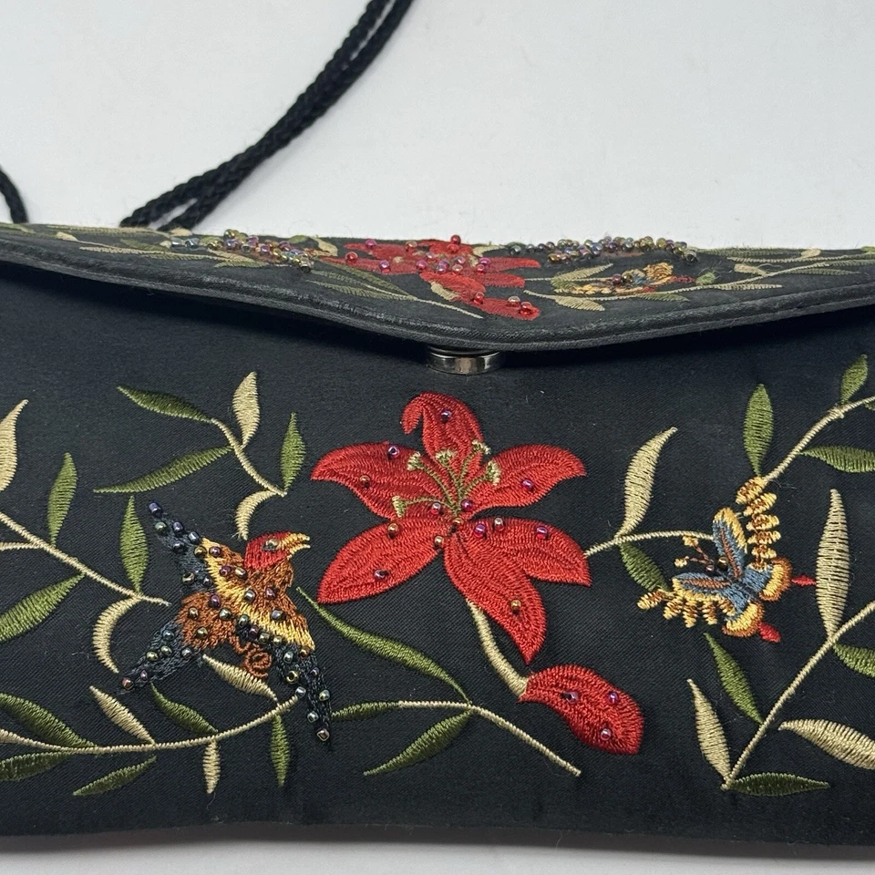 VTG Valerie Stevens Black Satin Crossbody Embroidered Beaded Bag Birds Flowers - Image 4 of 4