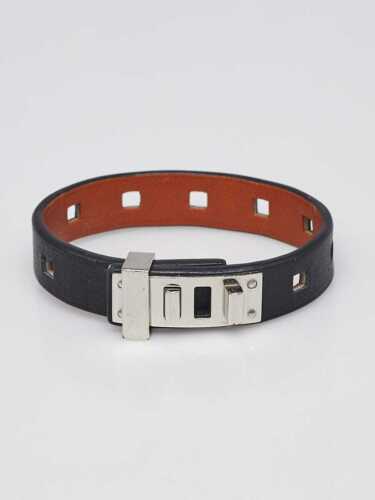 Hermes Black Leather Palladium Plated Mini Dog Bracelet Size T2 - Afbeelding 1 van 6