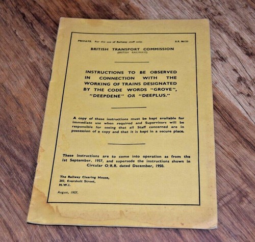 BRITISH TRANSPORT COMMISSION INSTRUCTIONS FOR TRAINS 1957 Grove Deepdene Deeplus