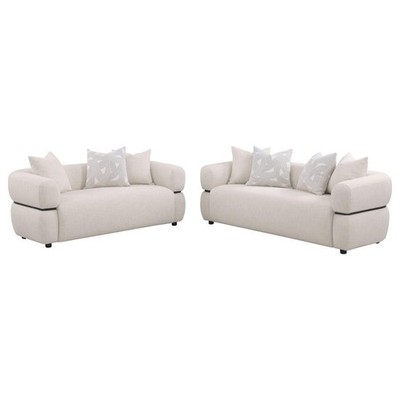 2 PC CURVY BEIGE FABRIC WATERFALL BENCH STYLE SOFA LOVESEAT LIVINGROOM FURNITURE