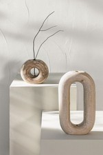 Set of 2 Natural Wood Sculptural Vases, Donut & U Shape Decorative Home Decor