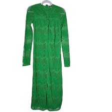 Ganni Kelly Green Floral Lace Twist Front Long Sleeve Midi Dress Slit