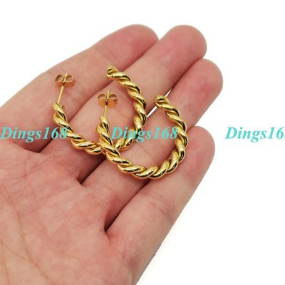 Solid 18K Gold Filled 1.25'' Mediumm Size Post Back Twisted C-Hoop Earrings H5A-T