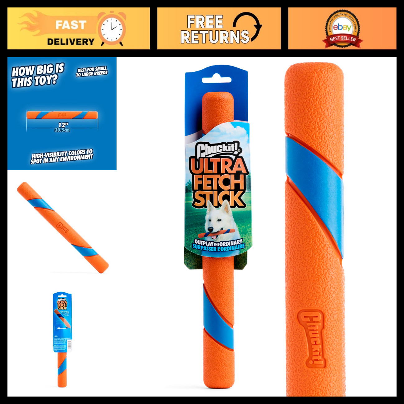 Interactive Dog Fetch Stick Toy - 12in, All Breeds, Pack of 12, Durable & Fun