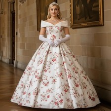 White Off The Shoulder Floral Floor-Length Evening Dress Princess Prom Dresses