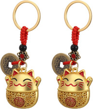 2-Pack Lucky Cat Keychains Maneki Neko Gold Brass Japanese Charm for Keys Bags