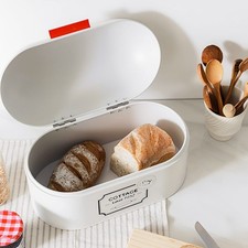 Vintage White Metal Bread Box Bin Deep Oval Loaf Storage Container for Kitchen