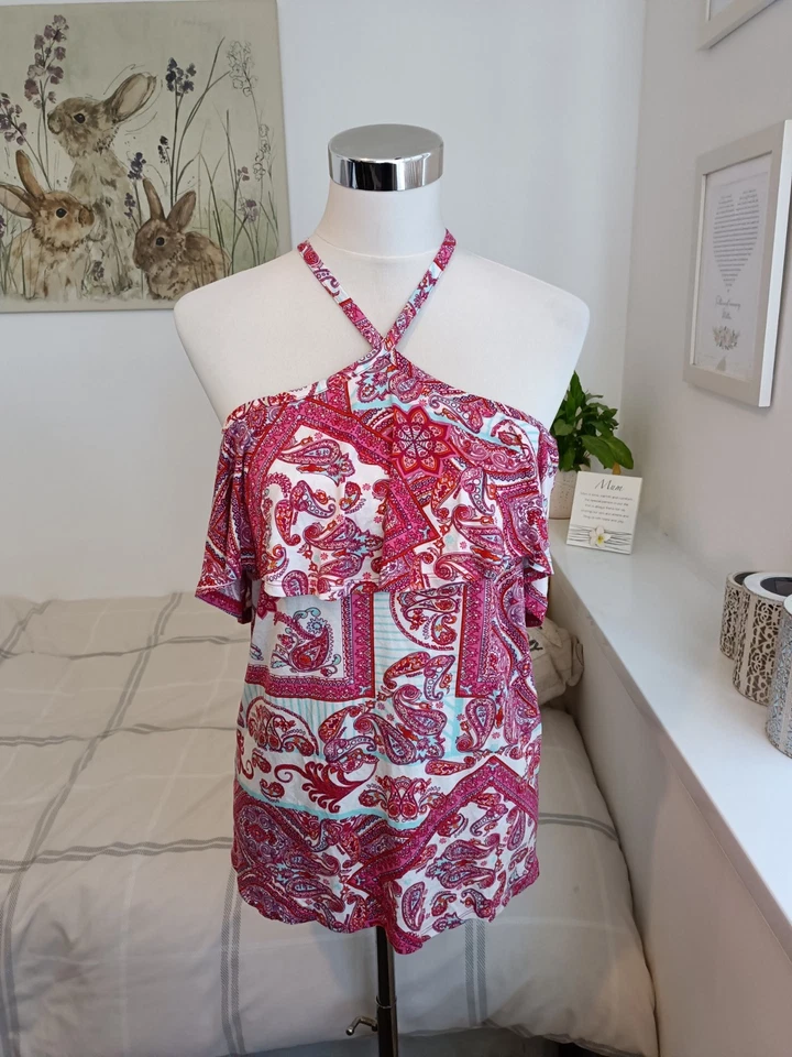 George Size 10 White Pink Blue Paisley Print Stretch Halter Neck Blouse Top - Image 2 of 4