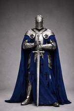 Medieval Knight Armor Suit Templar Crusader Full Body Armor with Blue Cloak