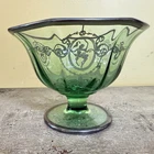 Vintage Depression Green Glass Compote Bowl with Decorative Silver Overlay