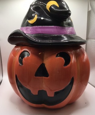 5.5  H  Jack-o- Lantern/Pumpkin With Witches Hat  Ceramic cookie candy jar READ 