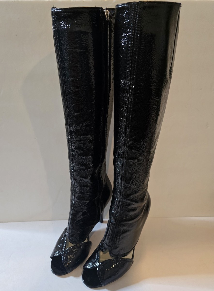 SIGERSON MORRISON Patent Black Leather Knee High Heel Boots, Size