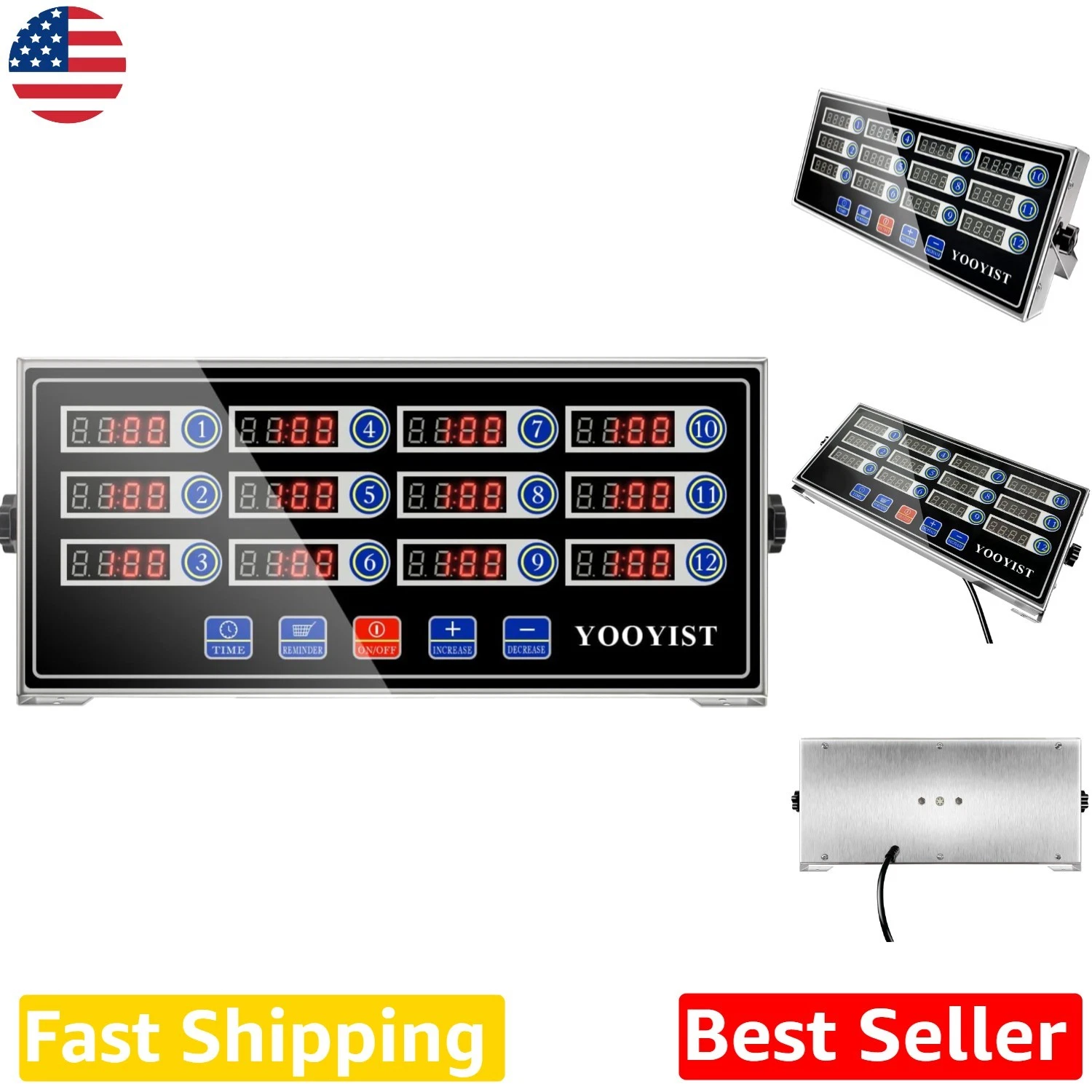 Multi-Channel Restaurant Kitchen Timer, Loud Alarm, Stainless Steel, LED, Black
