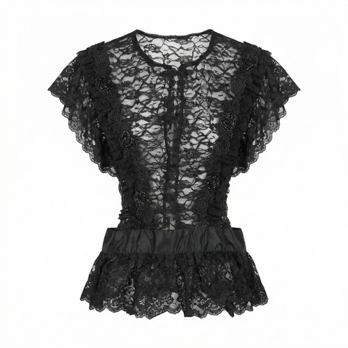 Recollections Lace Corset Black Victorian Ruffles Flowers Edwardian Gothic sz M