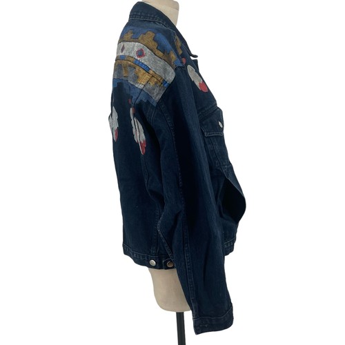 Sundance Hand Painted Feather Print Dark Denim Jacket Blue Red Size XL - Picture 4 of 9