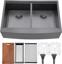 VCCUCINE 33 Inch Gunmetal Black Double Farmhouse Sink, 33X22 Double Bowl Undermo