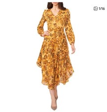Yellow Floral Size L Vince Camuto Asymmetrical Hem Long Sleeve Dress