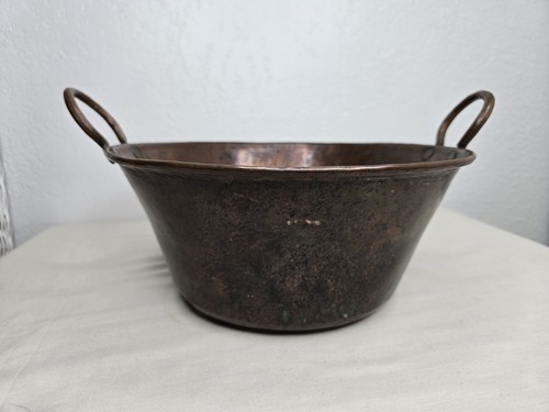Antique Hand Hammered Copper Jam Bowl Cauldron Pot w/ Ring Handles 10"