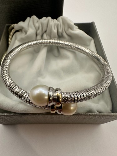 Sterling Silver 925 & 14KT Gold Italy Freshwater Pearl Bypass Flex Bracelet 7-8"