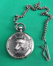 Majesti Gray Wolf Pocket Watch and Chain Featuring a Prominent Embossing