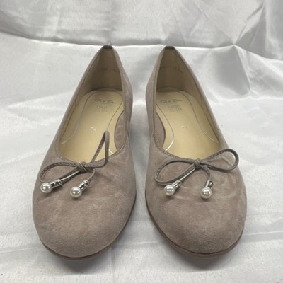 ara Leather Ballet Flats Bow Pearl Accent Women's Taupe Rubber Outsole
