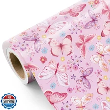WRAPAHOLIC Pink Butterfly Wrapping Paper Roll - Mini Roll - 17 Inch x 9.8 Fee