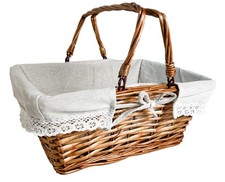 Weidenkorb Tragekorb eckig mit Klapphenkeln inklusive Textil mit Häkelborte