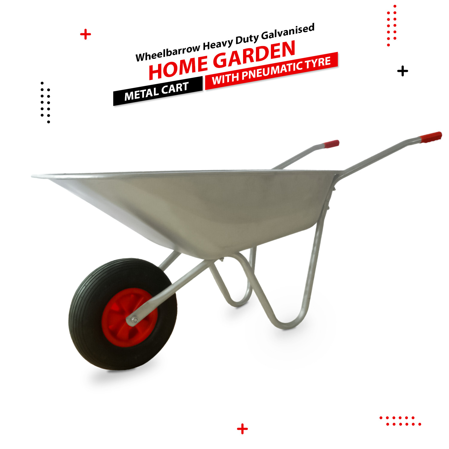 65L Metal Heavy Duty Galvanised Wheelbarrow 12" Pneumatic Inflatable Tyre Garden