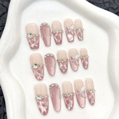 Handmade False Nail Sparkling Cat Eye 3D Butterfly French Press On Nail Nail Art