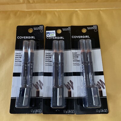 3-Covergirl Easy Breezy Brow Fill + Define Pencils+Sharpener #505 Rich Brown