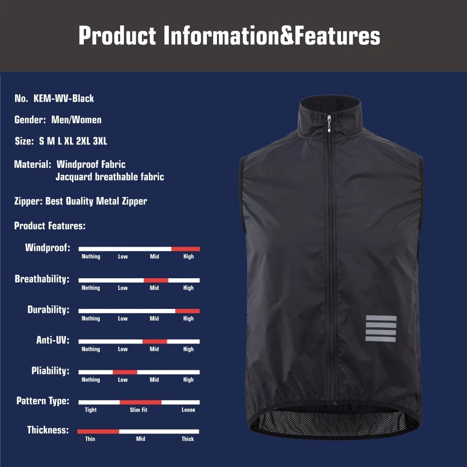 KEMALOCE Cycling Wind Vest Men Blue&Black 2024 Outdoor Windproof Bike Wind Gilet - Image 3 of 4