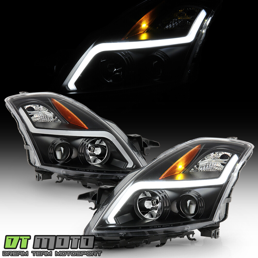For 2007-2009 Nissan Altima Sedan Black LED Tube Projector Headlights Headlamps