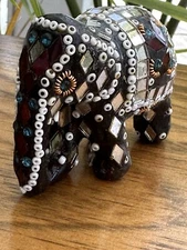 VTG Beaded BOHO Baby Lucky Elephant  2” Mini Hand Carved Bedazzled Black Retro