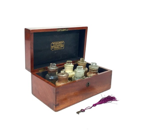 Antike Mahagoni Apothekerbox / Vitrine mit Glasflaschen von Watson & Wates - Bild 9 von 10