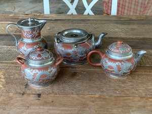 Antique Chinese Yee Dzu Ching Tea Set - Pewter Dragon Red Yixing Clay 8 pieces