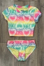 WAVE ZONE Girl s 2-Piece Swim Suit T-Shirt Youth XS 4/5 Rainbow Hearts