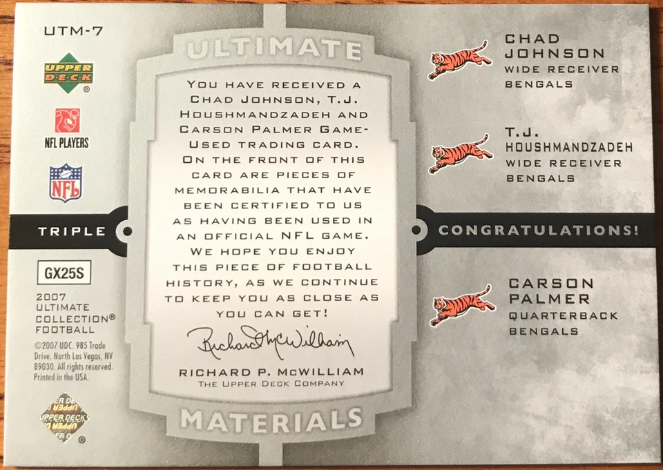 2007 Ultimate Collection Materials Triple Jhnsn/Hshmndzdh/Plmr #UTM-7 #’d 36/50 - Image 2 of 3