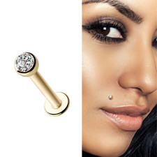 14G 3/8" GOLD STEEL CZ Gem LABRET MONROE LIP CHIN RING PIERCING JEWELRY STUD