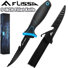 FLISSA 5" Fillet Knife Bait Knife Non-Slip Handle Lanyard Hole Belt Clip Sheath