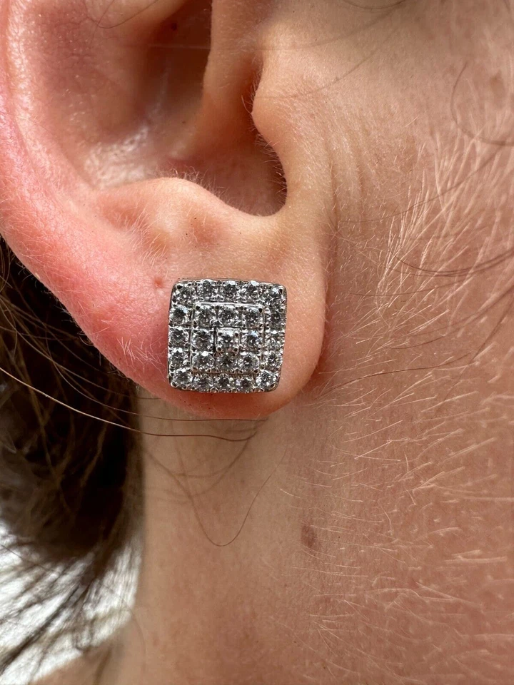 1.32ct VVS Real Diamond Men's Solid 925 Silver Iced Hip Hop Square Earrings 8mm - Image 3 of 4