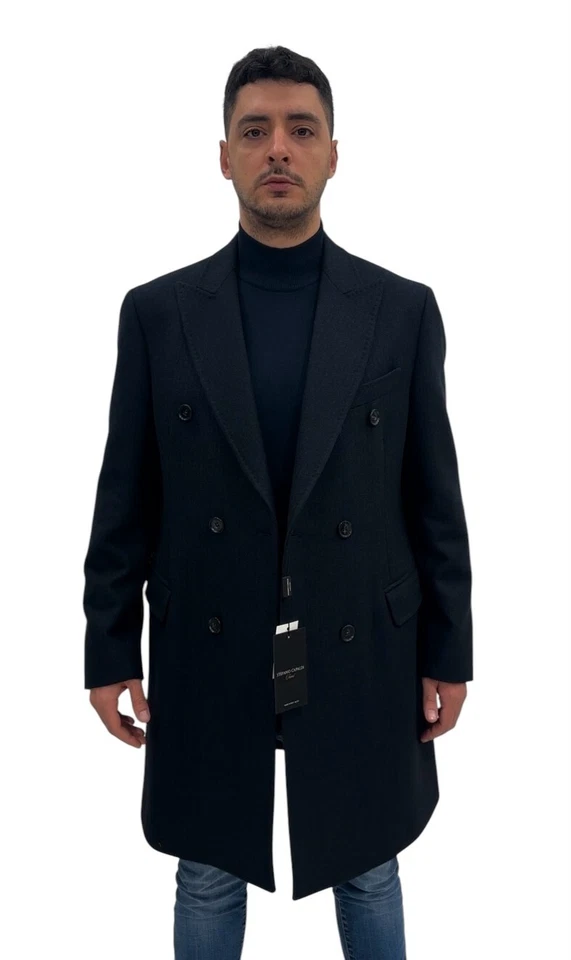 Cappotto doppiopetto uomo Stefano Capaldi blu spigato in misto lana, sconto 60%. Foto 2 de 4