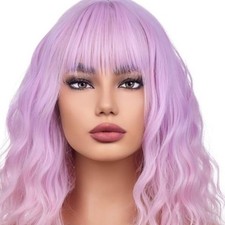New wig Pink Purple ombre bob wave beach bangs long shoulder short neon